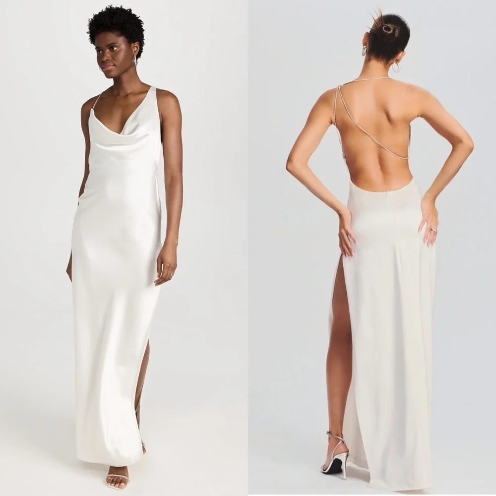 NWT RETROFETE Satin Asymmetric Crystal Chain Strap Draped Neck Open Back Gown S - Picture 10 of 13